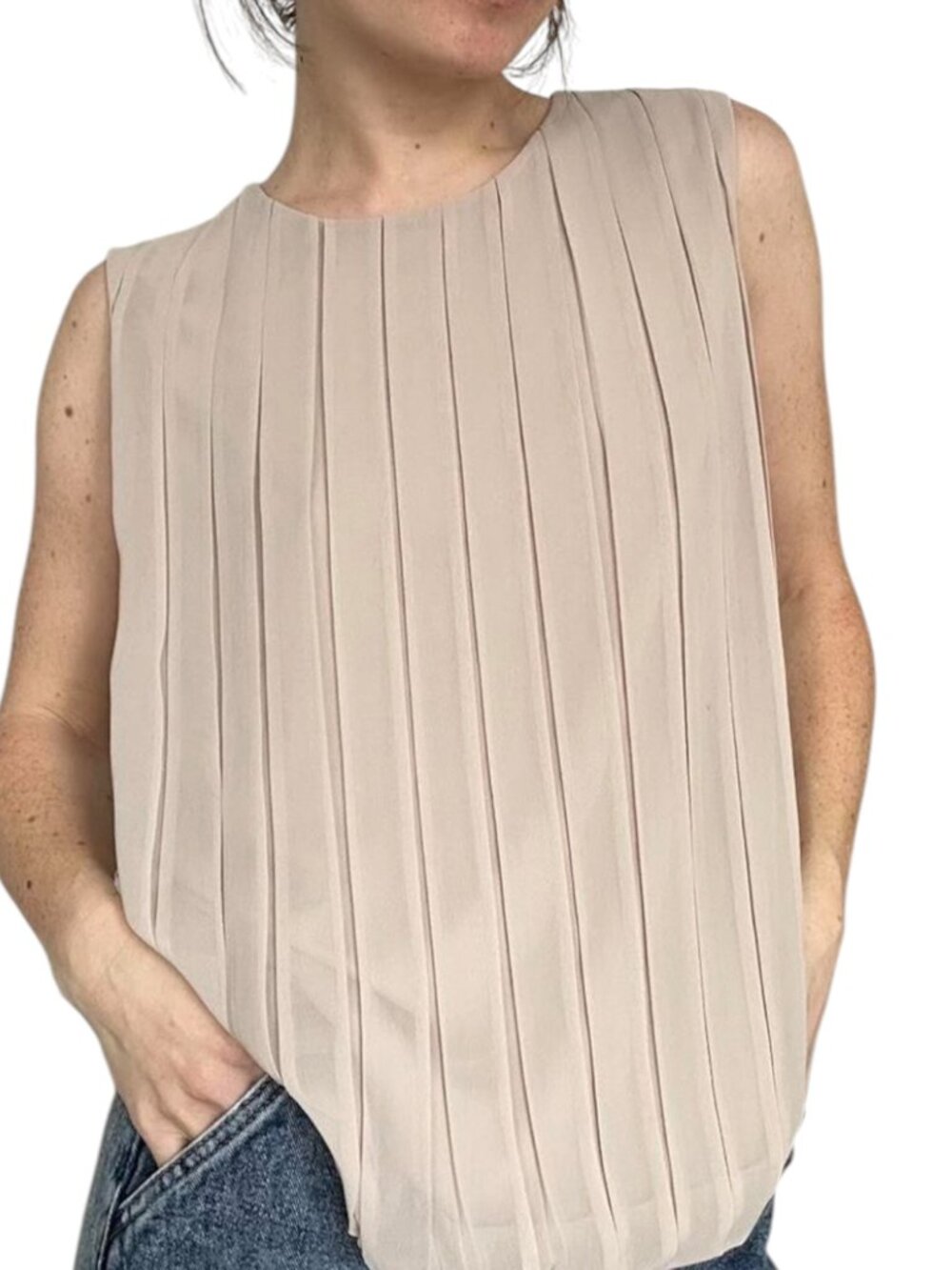 Calvin Klein Bubble Hem Pleated Chiffon Top Shirt Blouse Tan Beige S